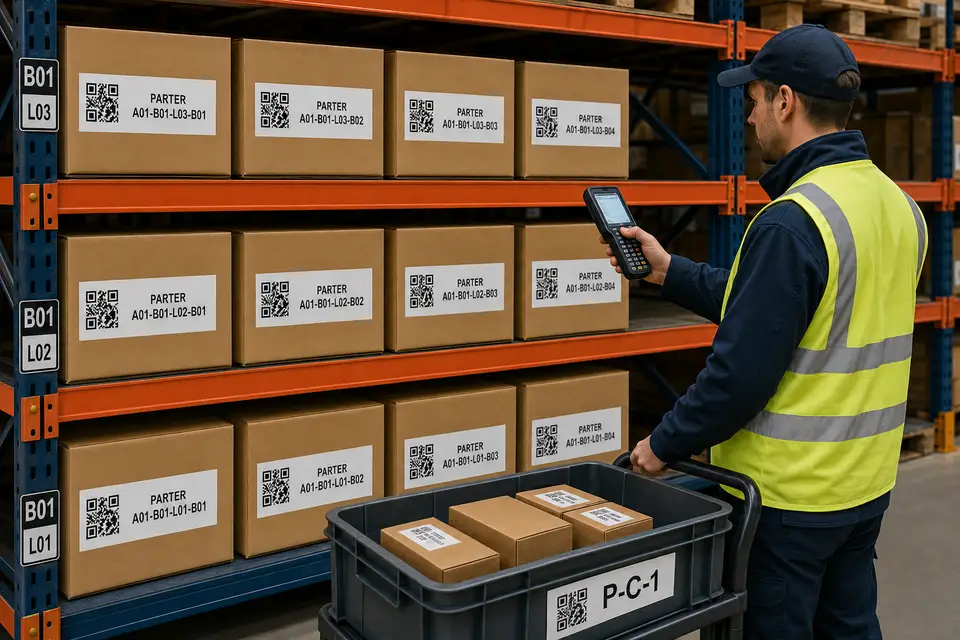 Putaway WMS picker scanning products during warehouse order picking