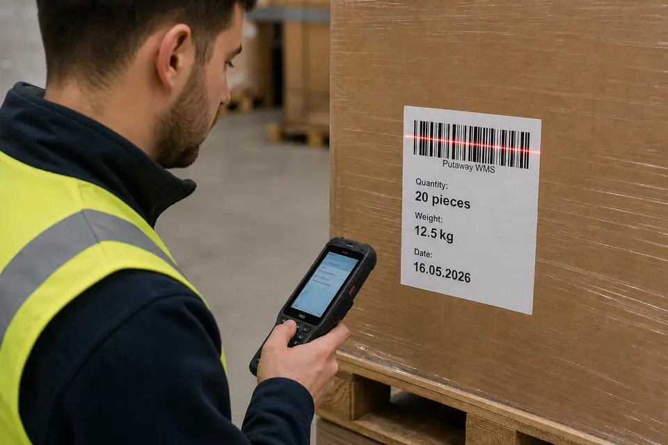 Warehouse worker scanning a Putaway WMS barcode label on palletized goods